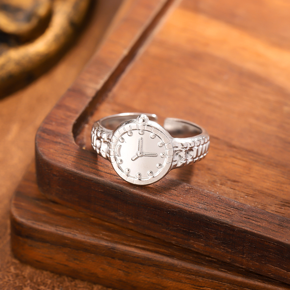 Unisex Vintage Clock Dial Texture Design Stainless Steel Open Ring